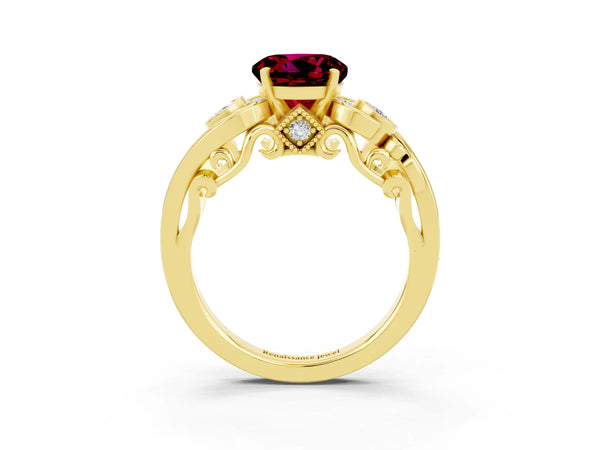 Yellow gold Round Cut Garnet Solitaire Ring with Milgrain Pavé Band and Four-Prong Setting