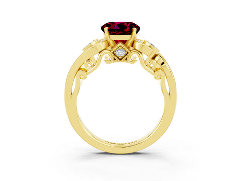 Yellow gold Round Cut Garnet Solitaire Ring with Milgrain Pavé Band and Four-Prong Setting_27