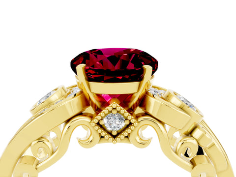 Yellow gold Round Cut Garnet Solitaire Ring with Milgrain Pavé Band and Four-Prong Setting_28
