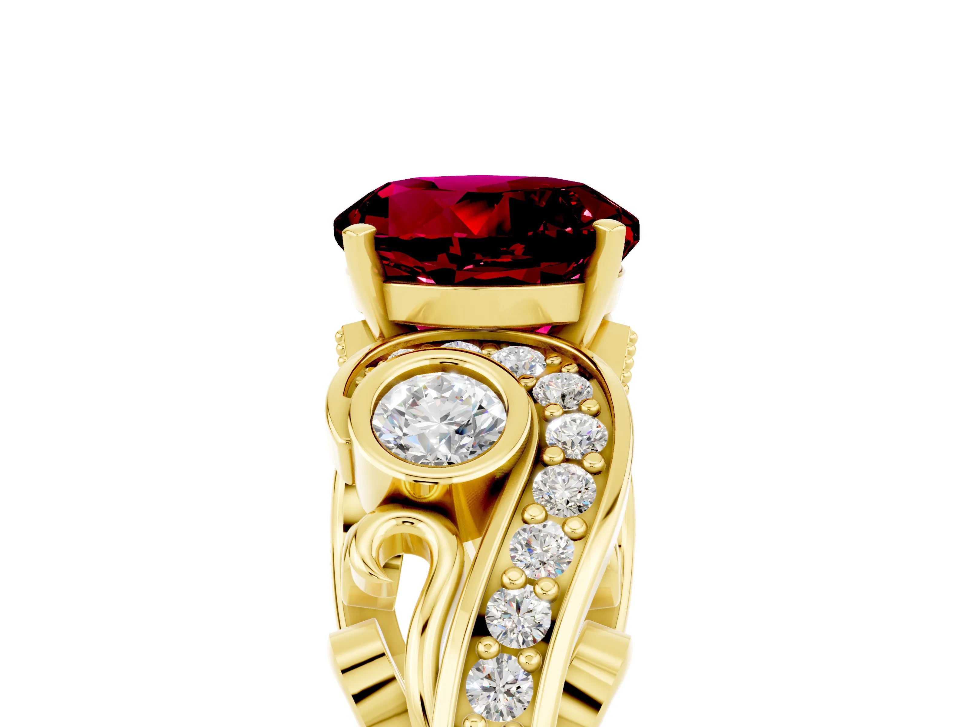 Yellow gold Round Cut Garnet Solitaire Ring with Milgrain Pavé Band and Four-Prong Setting_29