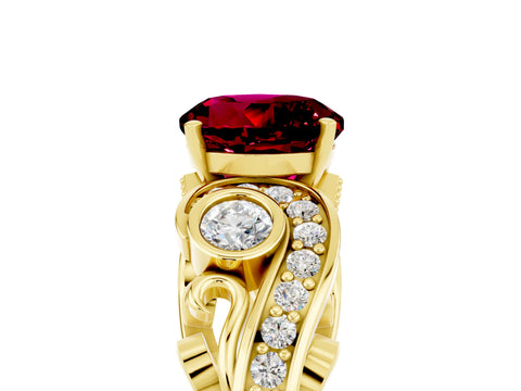 Yellow gold Round Cut Garnet Solitaire Ring with Milgrain Pavé Band and Four-Prong Setting_29