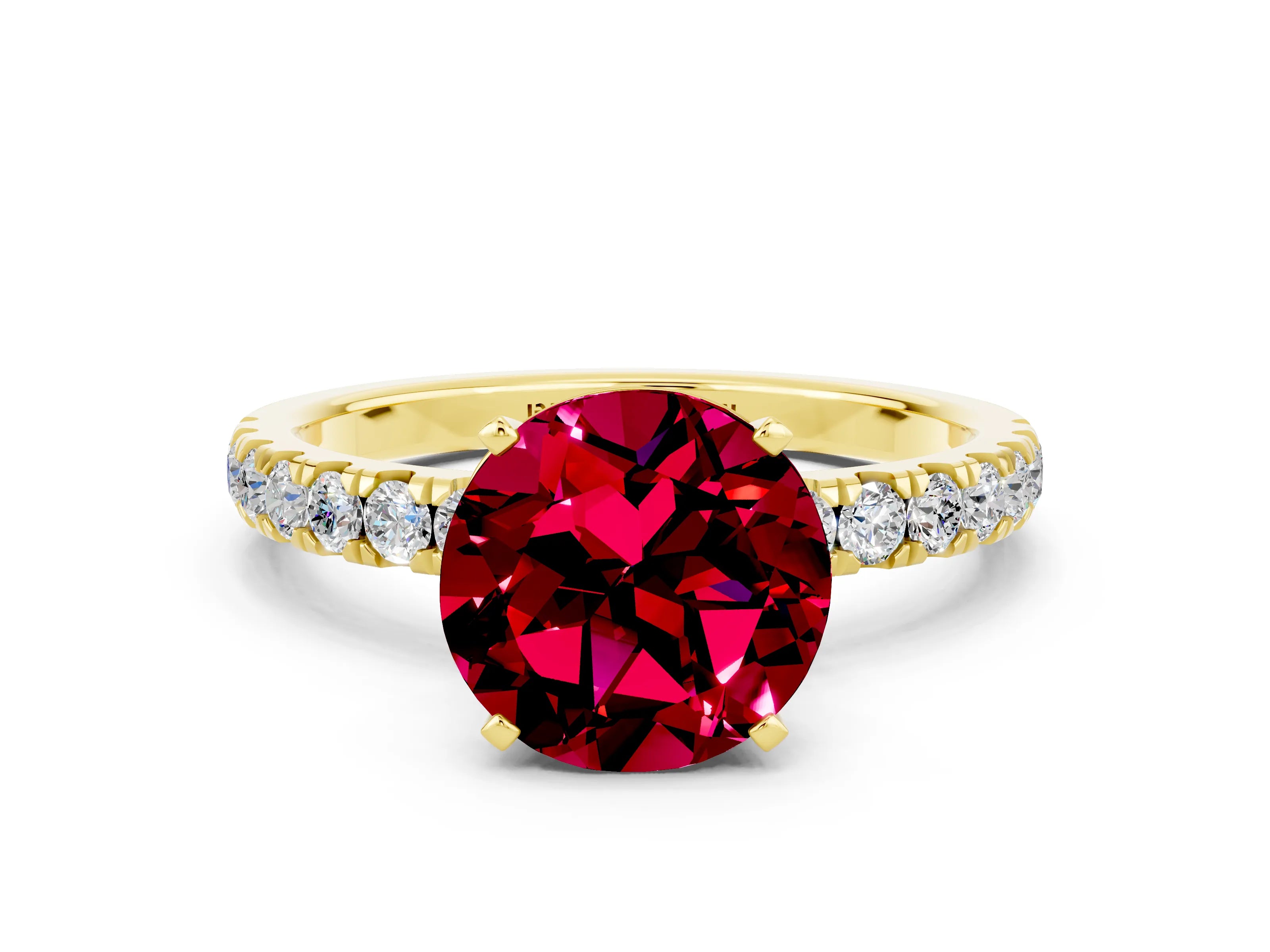 Yellow gold Round Cut Garnet Solitaire Ring with Pavé Accents and Four-Prong Setting