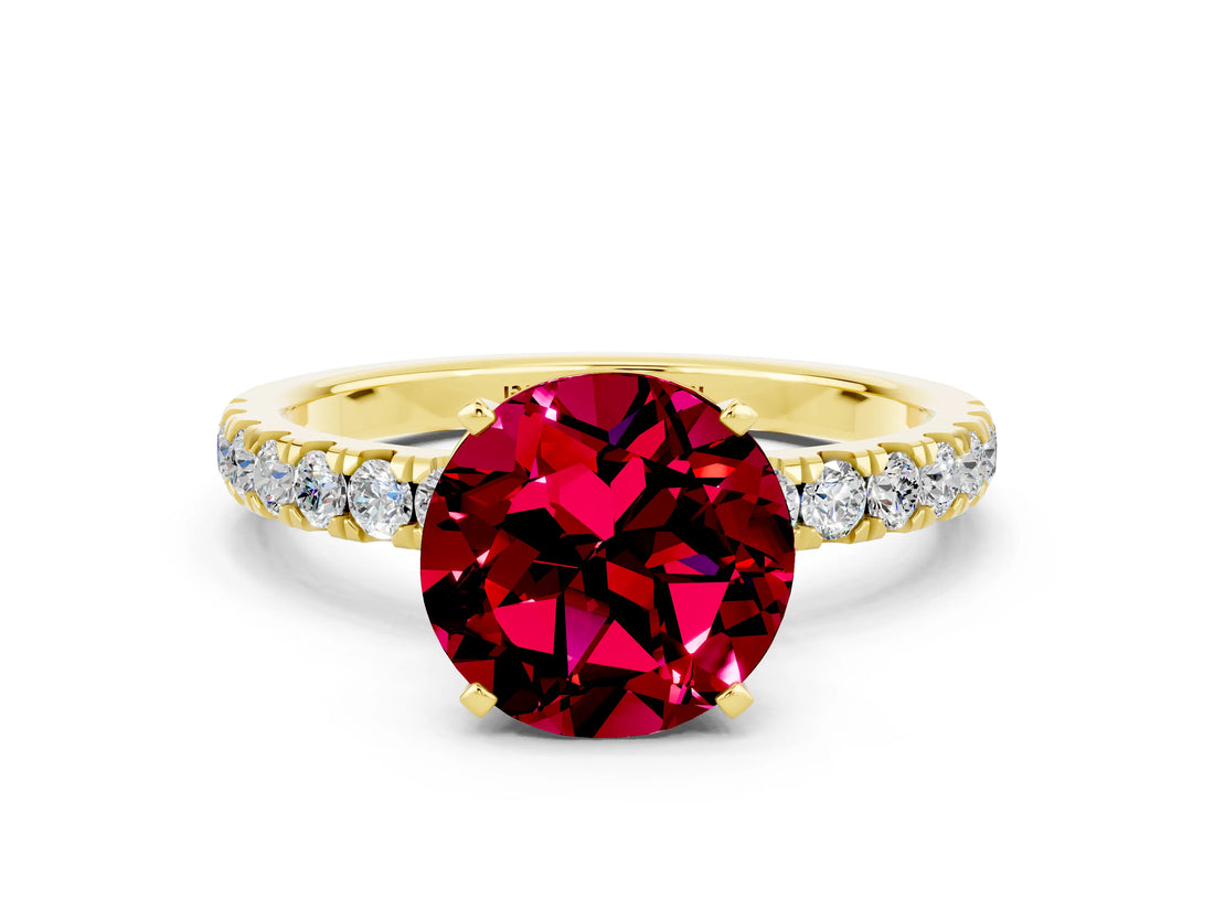 Yellow gold Round Cut Garnet Solitaire Ring with Pavé Accents and Four-Prong Setting