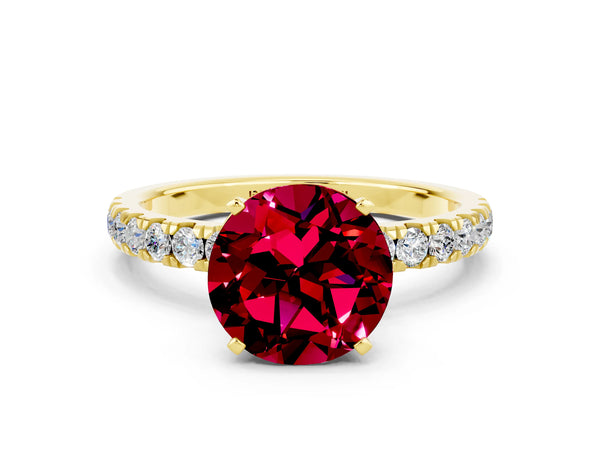 Yellow gold Round Cut Garnet Solitaire Ring with Pavé Accents and Four-Prong Setting
