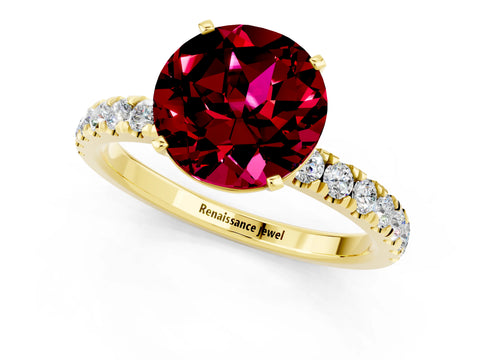 Yellow gold Round Cut Garnet Solitaire Ring with Pavé Accents and Four-Prong Setting_1