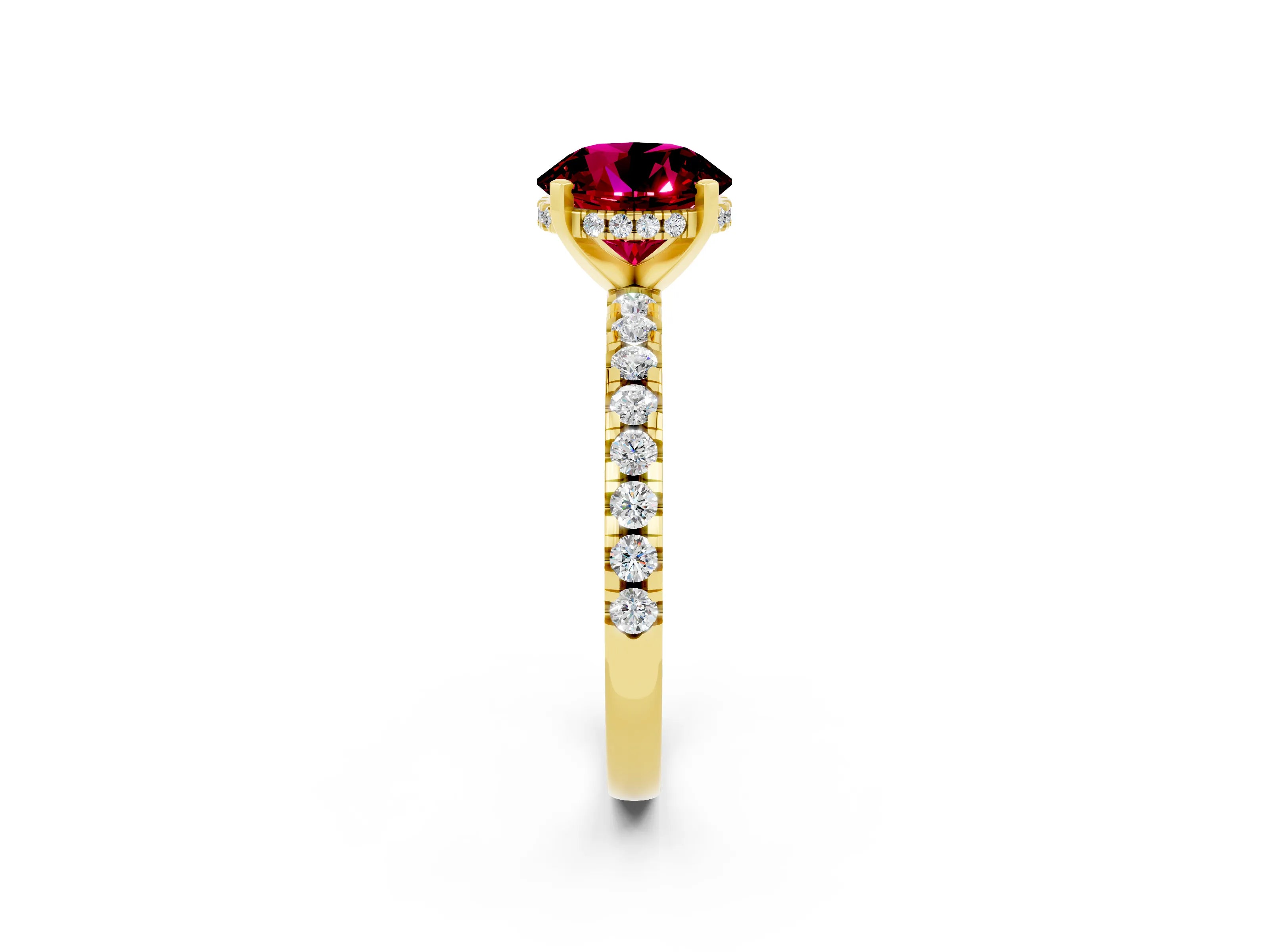 Yellow gold Round Cut Garnet Solitaire Ring with Pavé Band and Four-Prong Setting_26
