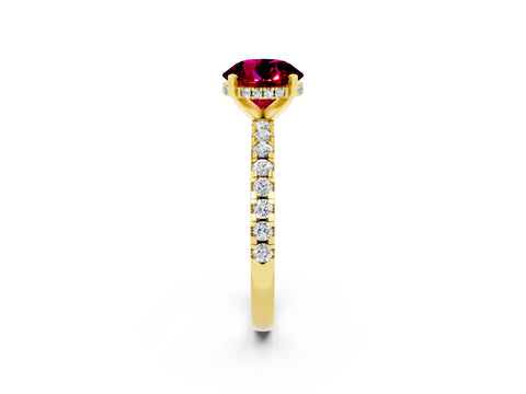 Yellow gold Round Cut Garnet Solitaire Ring with Pavé Band and Four-Prong Setting_26