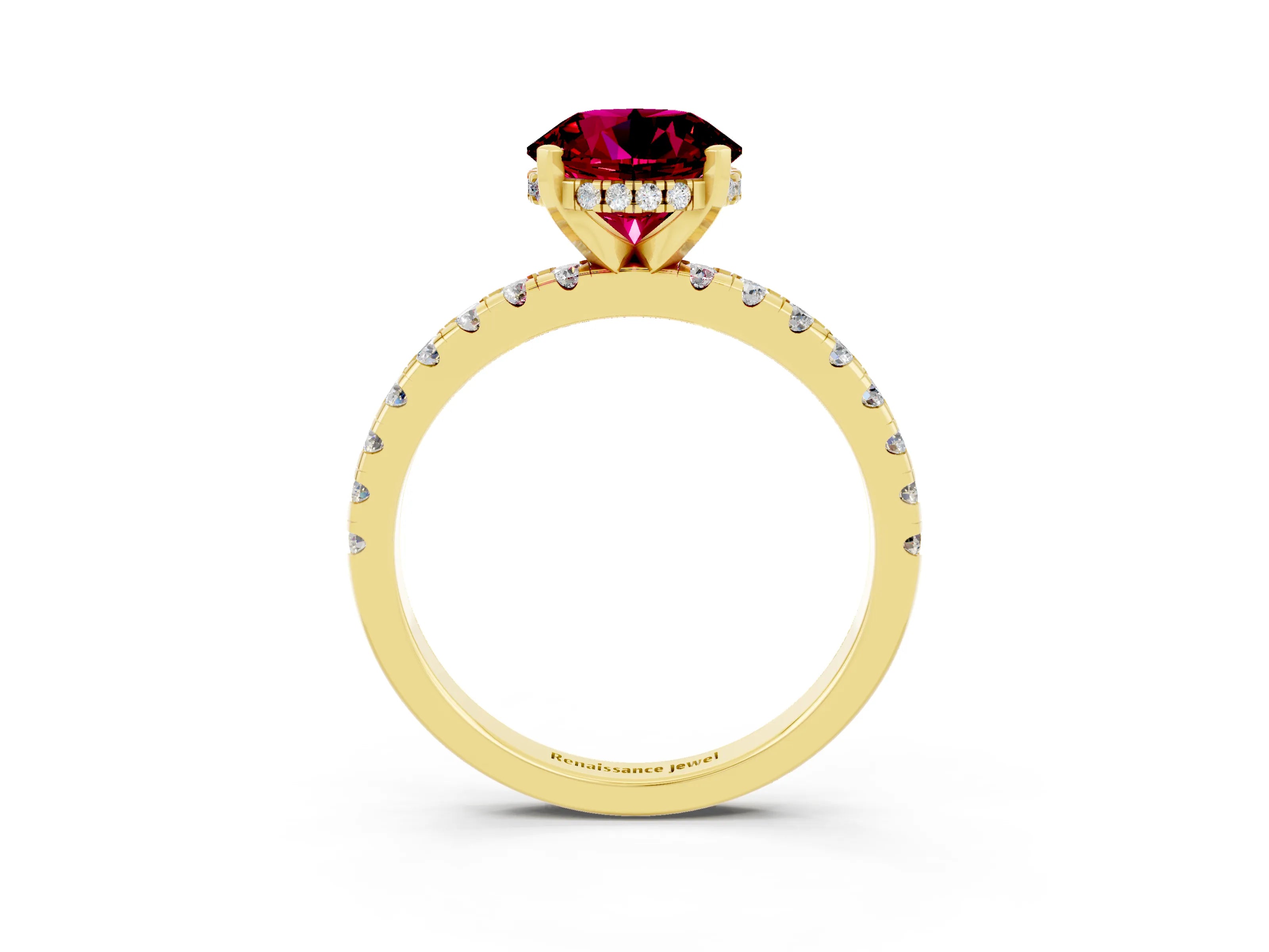 Yellow gold Round Cut Garnet Solitaire Ring with Pavé Band and Four-Prong Setting_27
