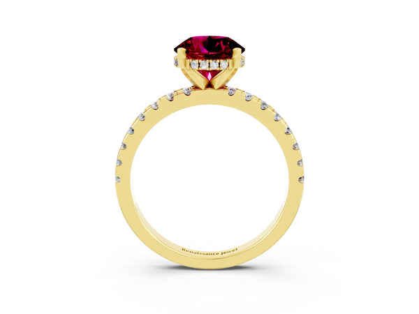 Yellow gold Round Cut Garnet Solitaire Ring with Round  Pavé Band and Four-Prong Setting
