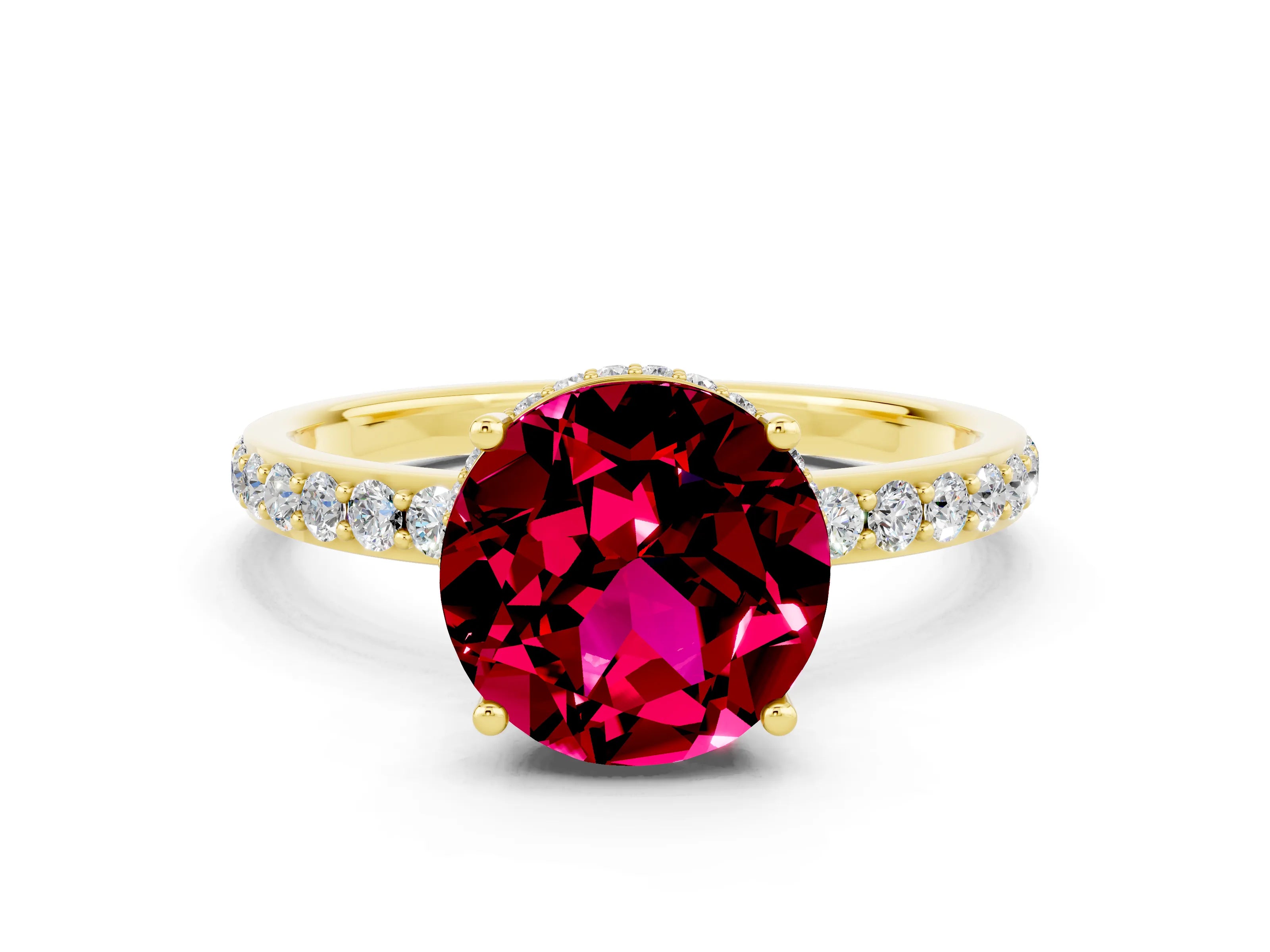 Yellow gold Round Cut Garnet Solitaire Ring with Pavé Band and Hidden Halo_12