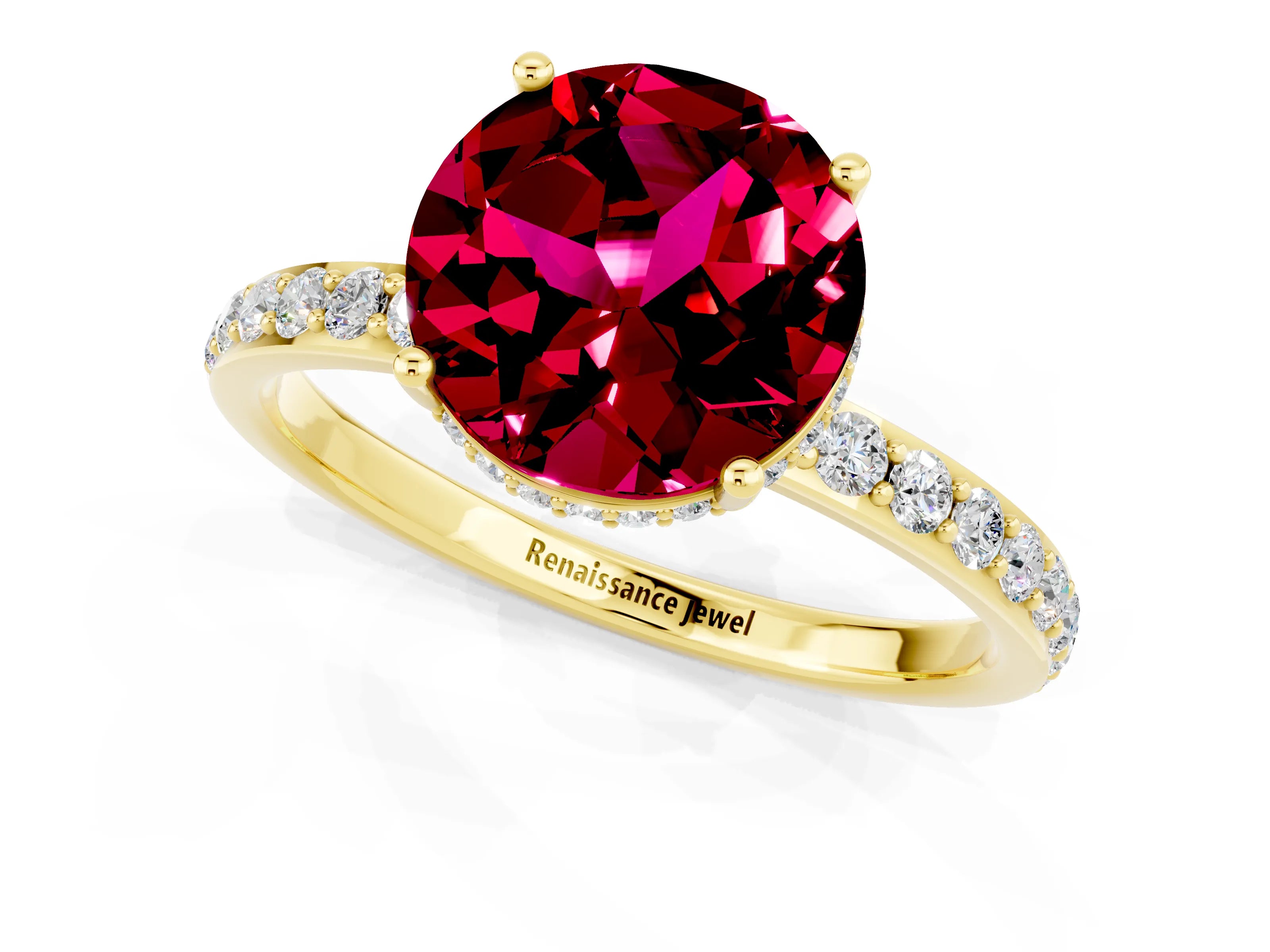 Yellow gold Round Cut Garnet Solitaire Ring with Pavé Band and Hidden Halo_13