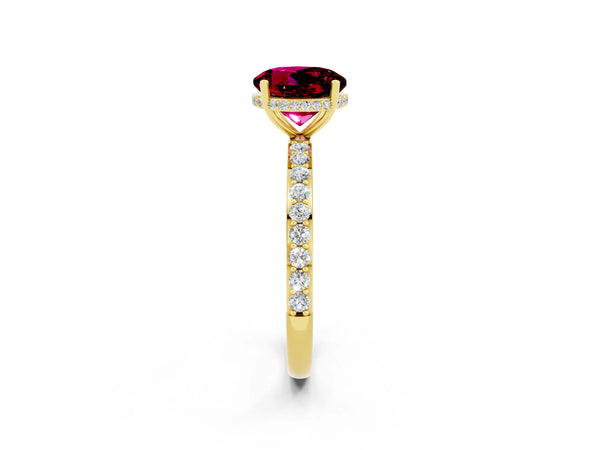 Yellow gold Round Cut Garnet Solitaire Ring with Pavé Band and Hidden Halo