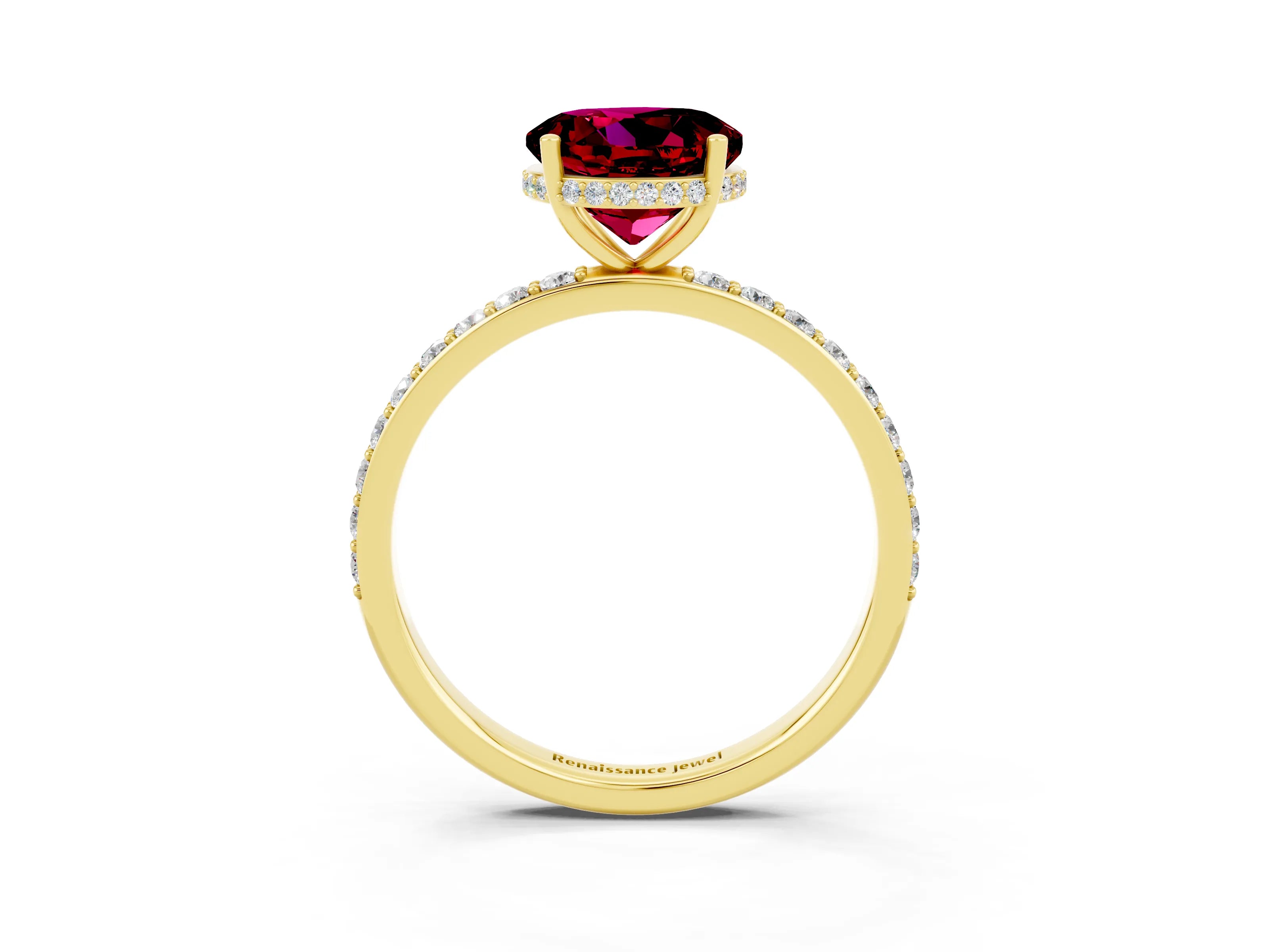 Yellow gold Round Cut Garnet Solitaire Ring with Pavé Band and Hidden Halo_15