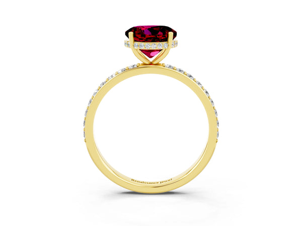 Yellow gold Round Cut Garnet Solitaire Ring with Pavé Band and Hidden Halo