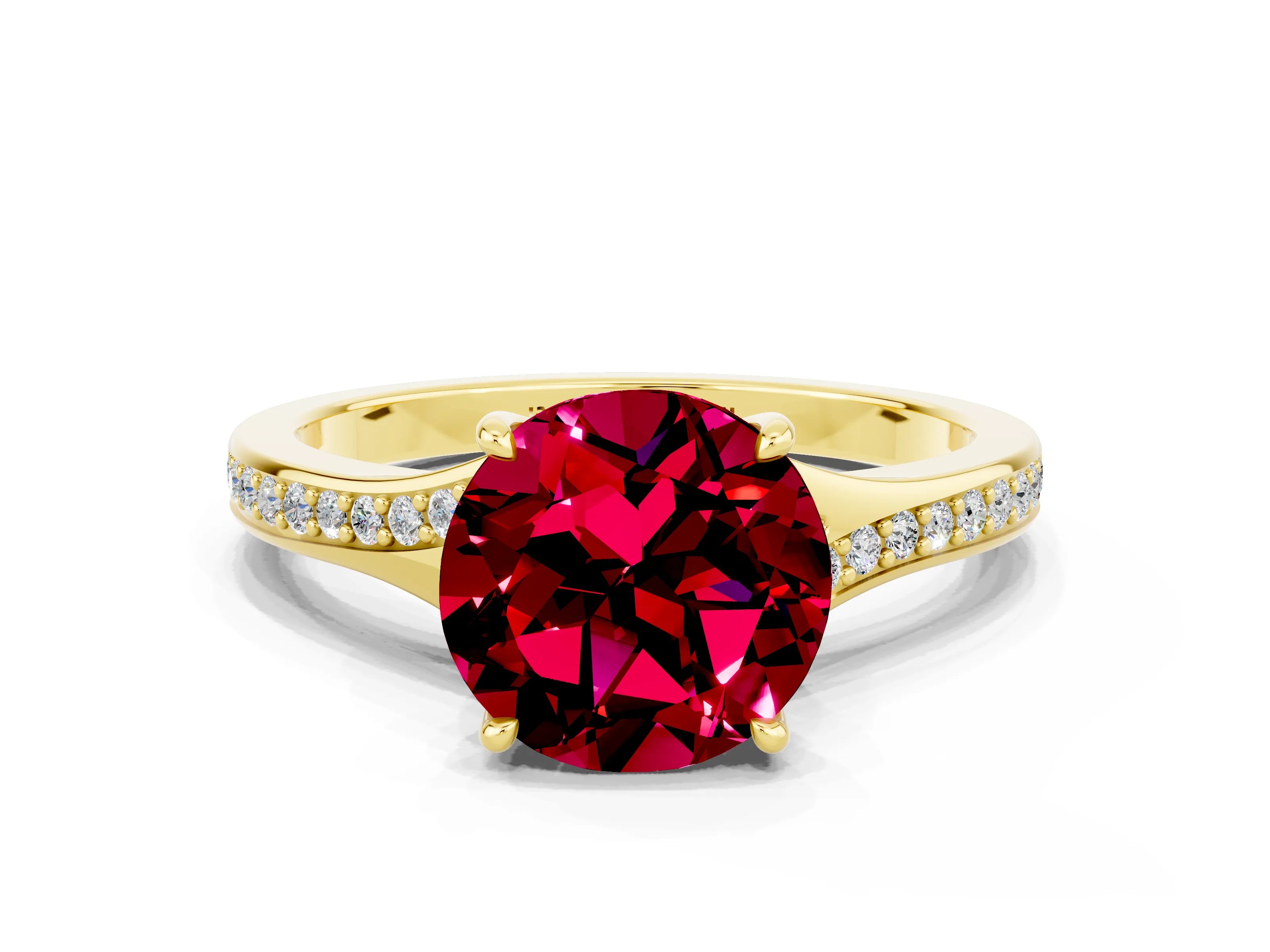Yellow gold Round Cut Garnet Solitaire Ring with Pavé Band and Prong Setting