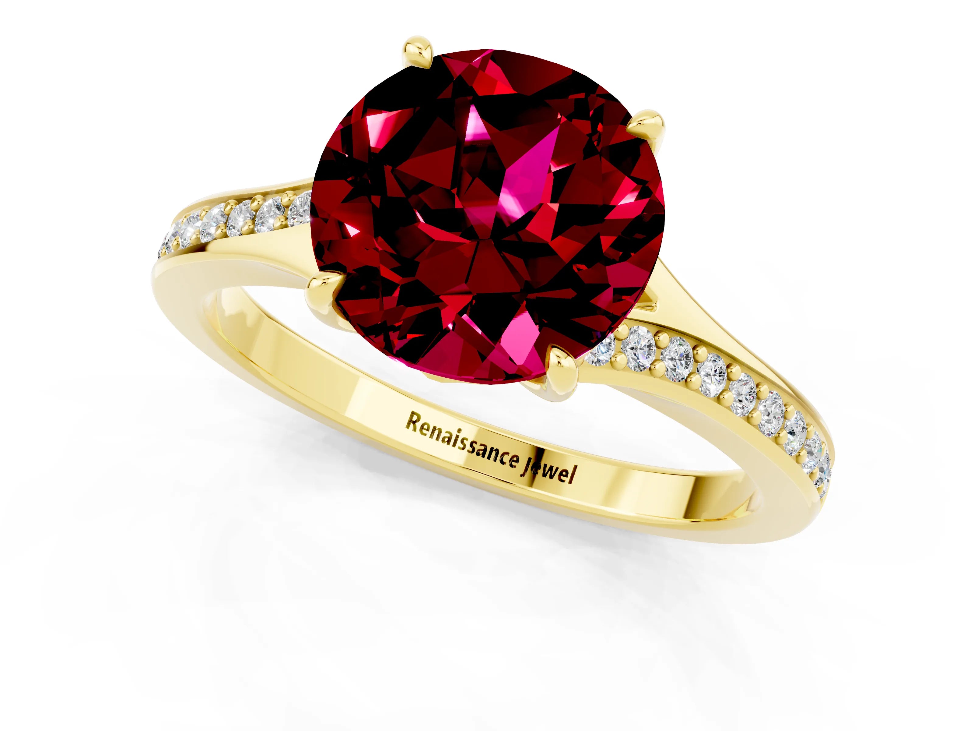 Yellow gold Round Cut Garnet Solitaire Ring with Pavé Band and Prong Setting_13
