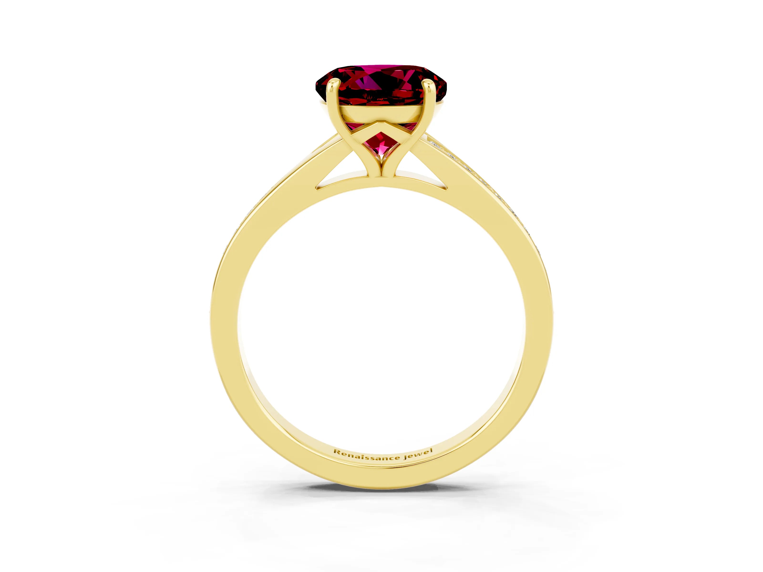 Yellow gold Round Cut Garnet Solitaire Ring with Pavé Band and Prong Setting_15