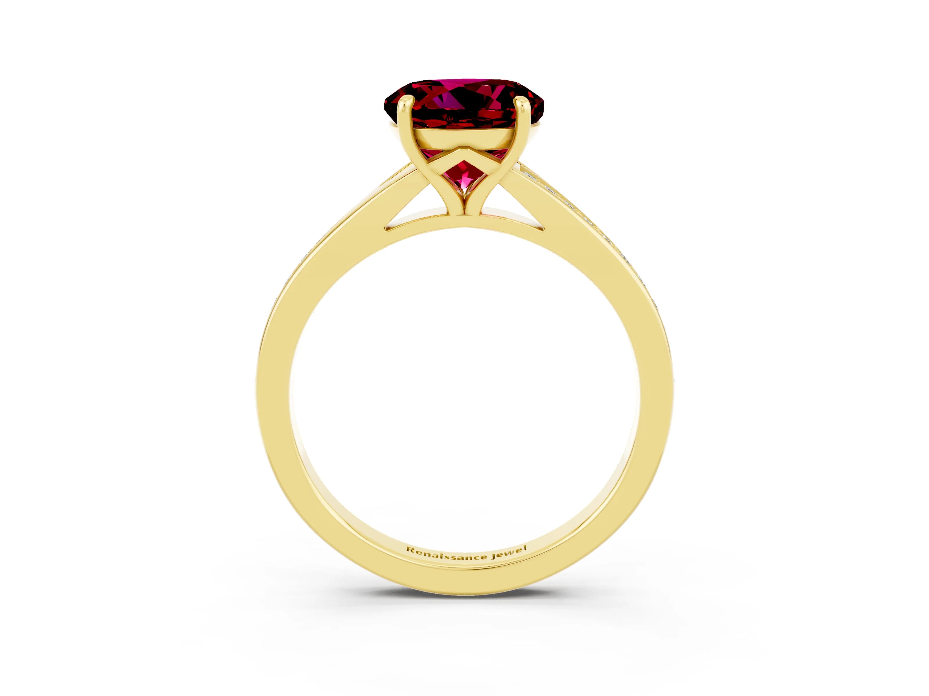Yellow gold Round Cut Garnet Solitaire Ring with Pavé Band and Prong Setting_3
