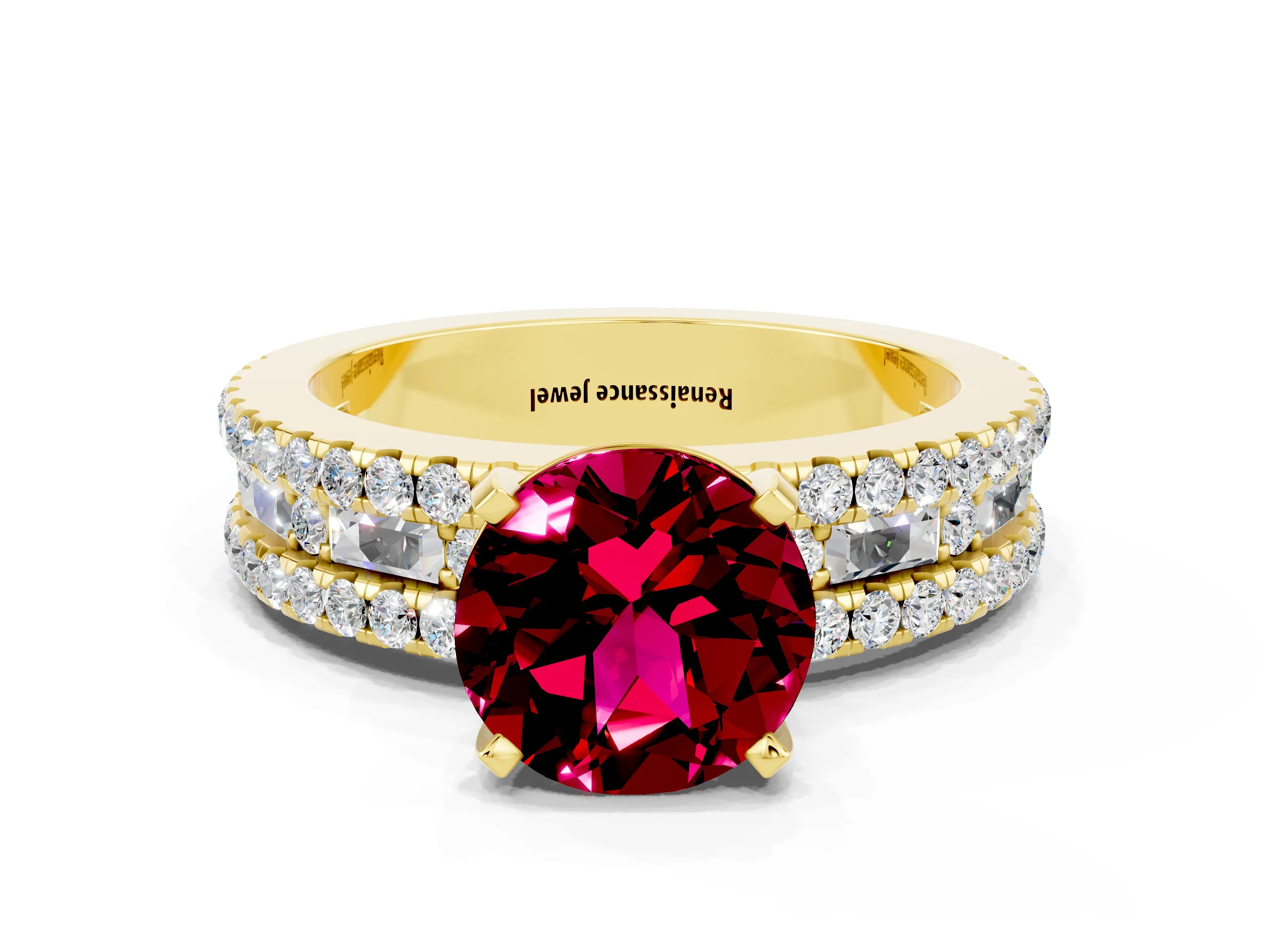 Yellow gold Round Cut Garnet Solitaire Ring with Pavé and Channel Set Band