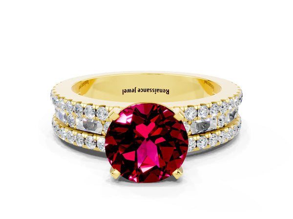 Yellow gold Round Cut Garnet Solitaire Ring with Pavé and Channel Set Band