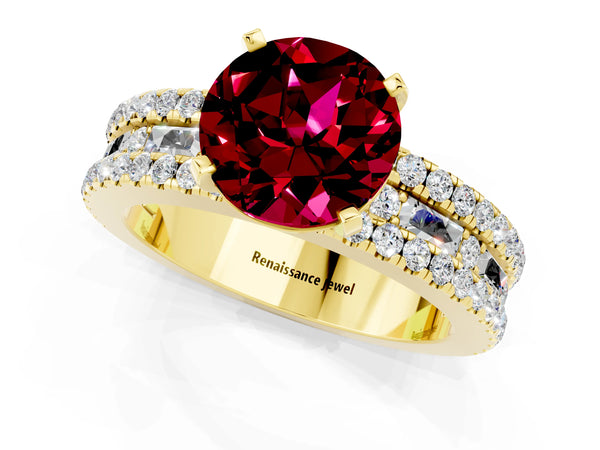 Yellow gold Round Cut Garnet Solitaire Ring with Pavé and Channel Set Band