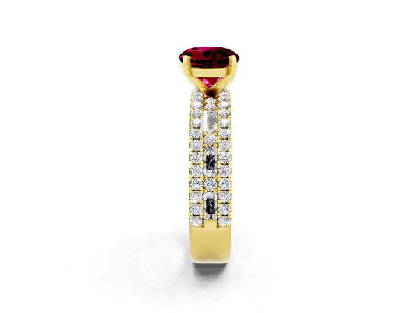 Yellow gold Round Cut Garnet Solitaire Ring with Pavé and Channel Set Band