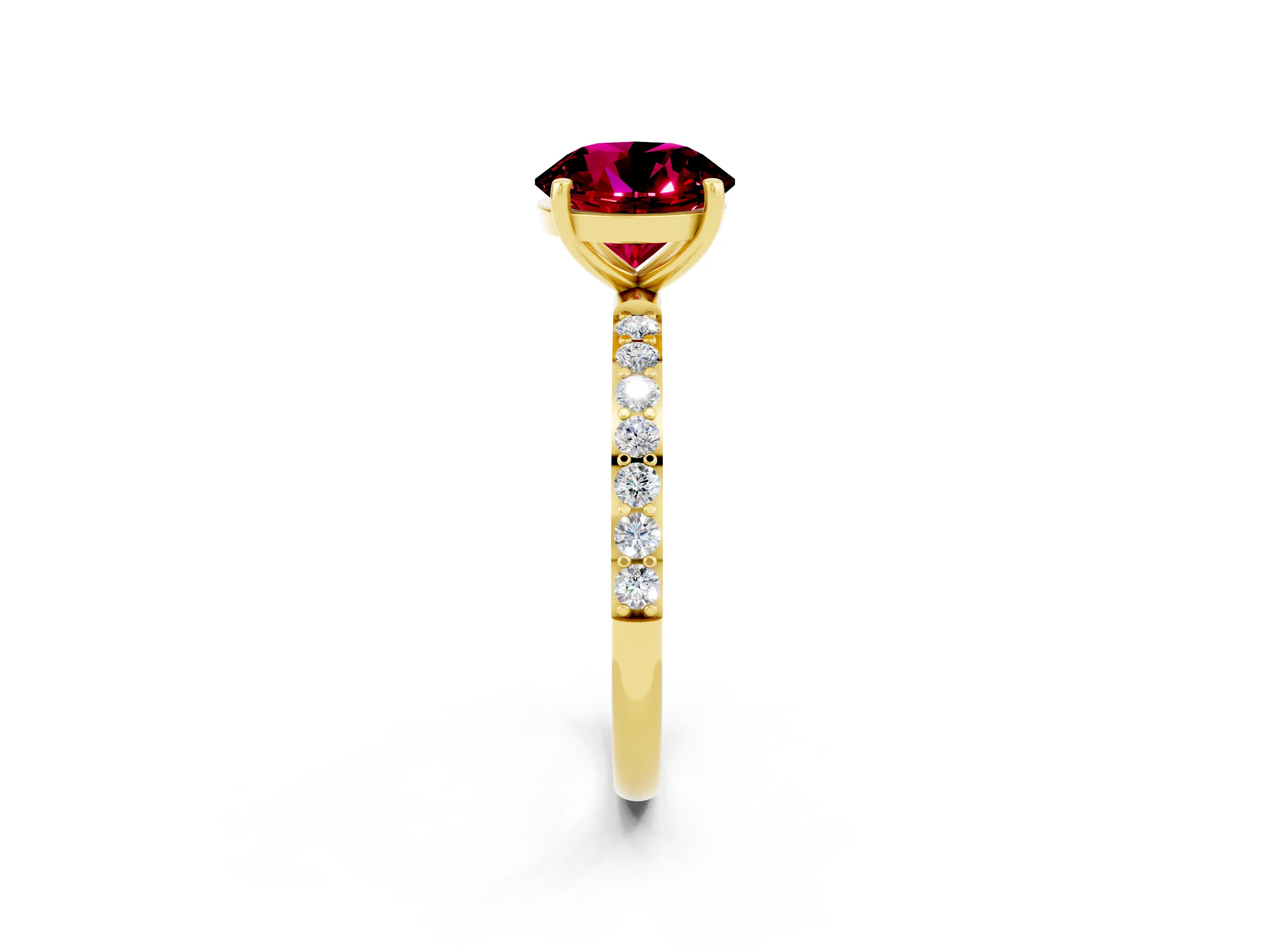 Yellow gold Round Cut Garnet Solitaire Ring with Pave Band and Four Prong Setting_26