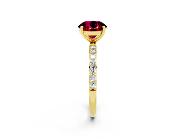 Yellow gold Round Cut Garnet Solitaire Ring with Round  Pavé Band and Prong Setting