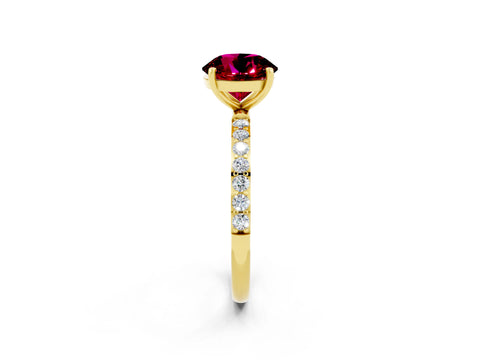 Yellow gold Round Cut Garnet Solitaire Ring with Pave Band and Four Prong Setting_26