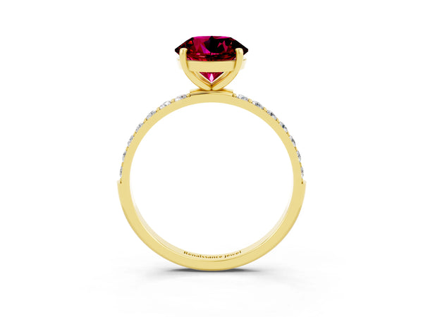 Yellow gold Round Cut Garnet Solitaire Ring with Round  Pavé Band and Prong Setting