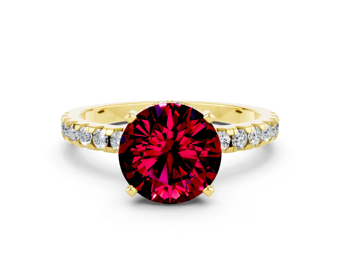 Yellow gold Round Cut Garnet Solitaire Ring with Round  Pavé Band and Four-Prong Setting_36