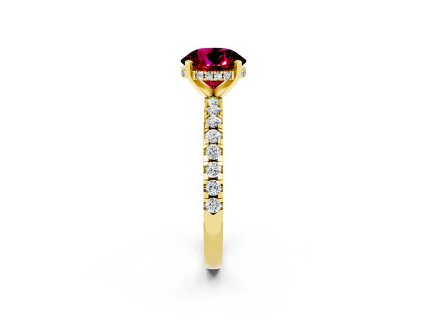 Yellow gold Round Cut Garnet Solitaire Ring with Round Pavé Band and Four-Prong Setting