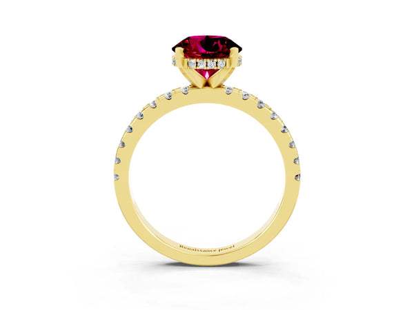 Yellow gold Round Cut Garnet Solitaire Ring with Round Pavé Band and Four-Prong Setting
