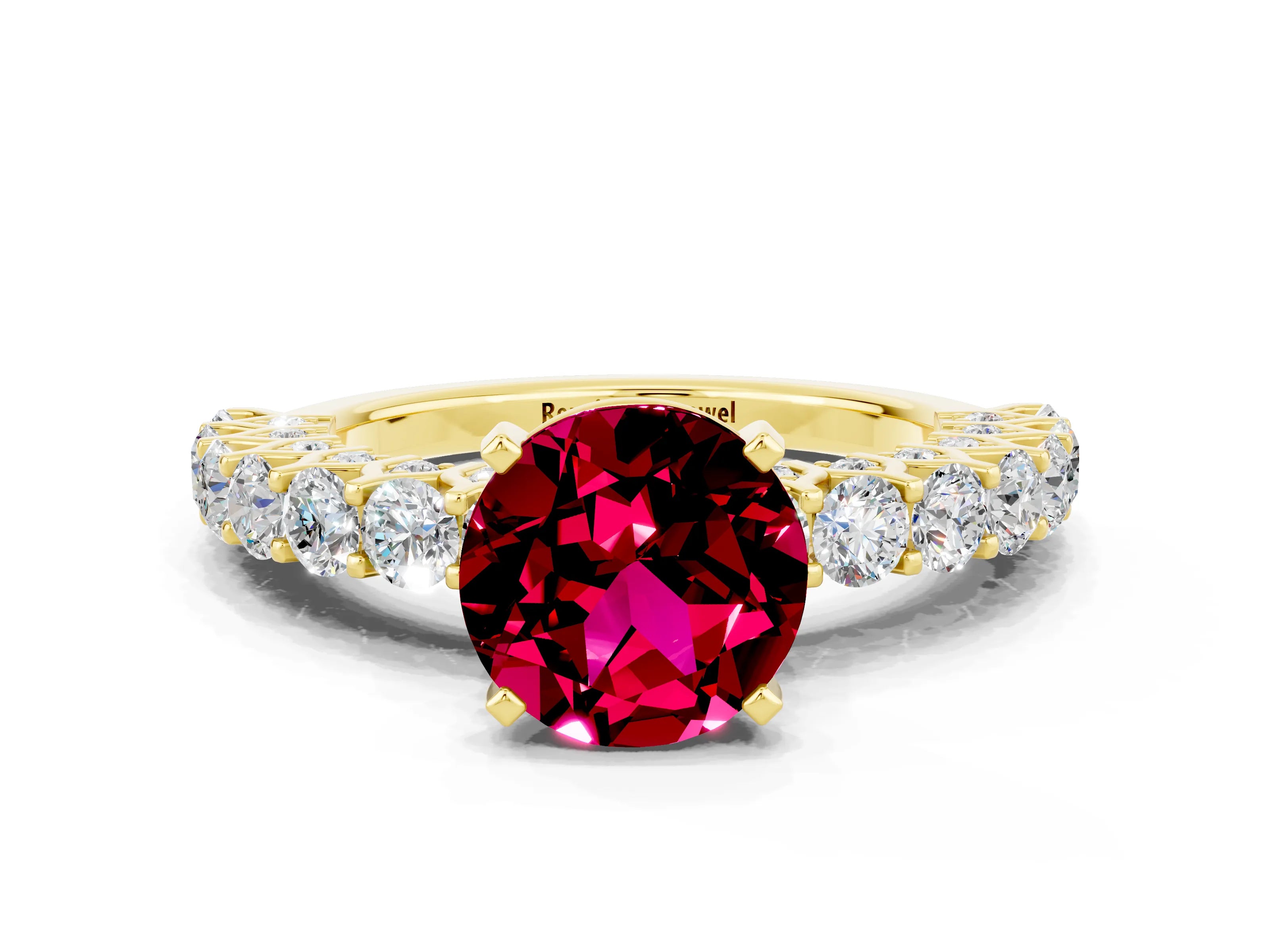 Yellow gold Round Cut Garnet Solitaire Ring with Shared Prong Pavé Band and Four-Prong Setting
