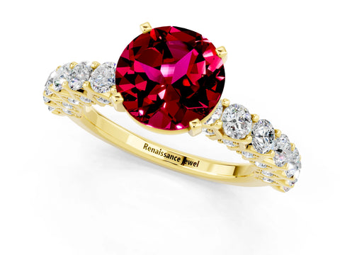 Yellow gold Round Cut Garnet Solitaire Ring with Shared Prong Pavé Band and Four-Prong Setting_1