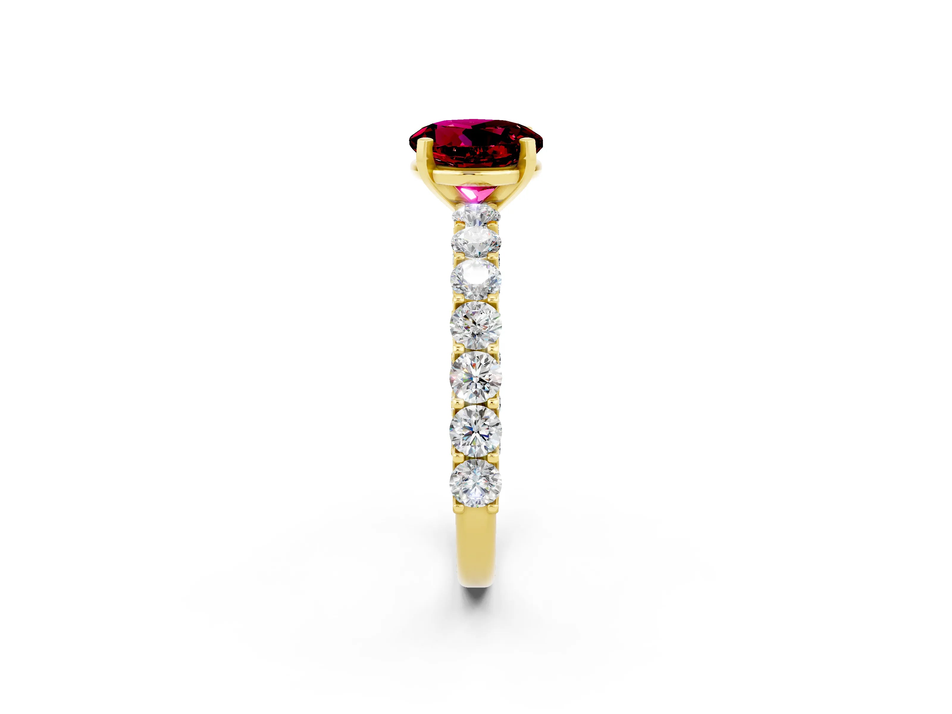 Yellow gold Round Cut Garnet Solitaire Ring with Shared Prong Pavé Band and Four-Prong Setting_2