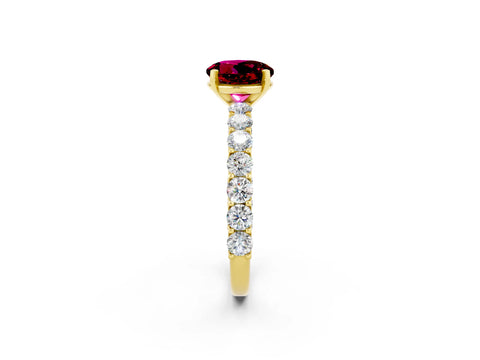 Yellow gold Round Cut Garnet Solitaire Ring with Shared Prong Pavé Band and Four-Prong Setting_2