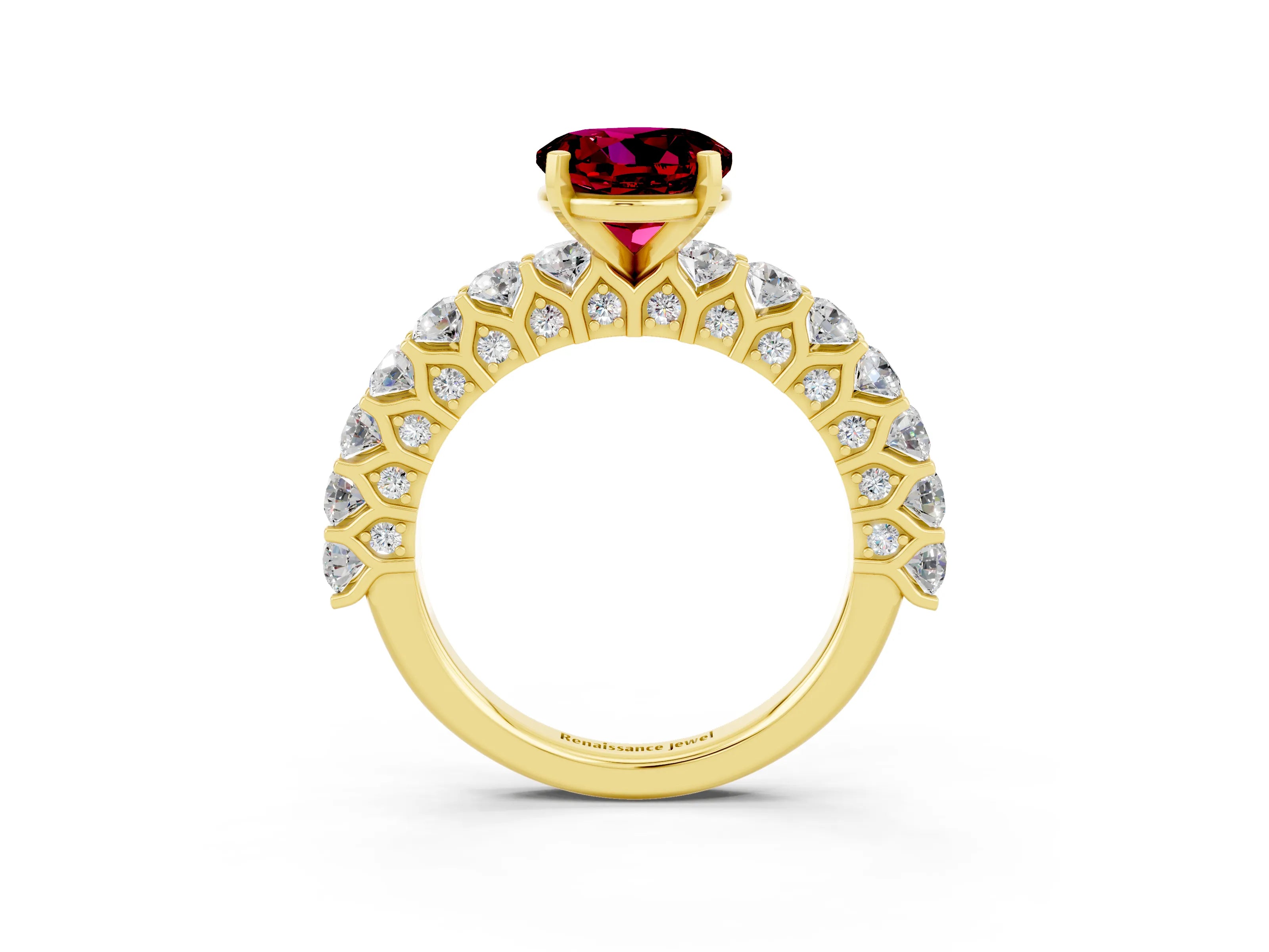 Yellow gold Round Cut Garnet Solitaire Ring with Shared Prong Pavé Band and Four-Prong Setting_3