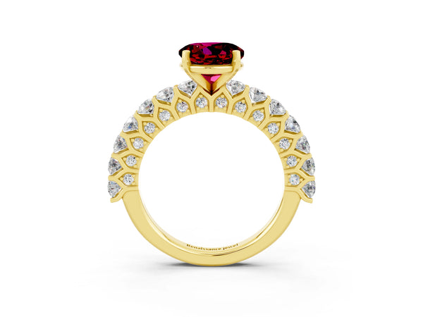 Yellow gold Round Cut Garnet Solitaire Ring with Shared Prong Pavé Band and Four-Prong Setting