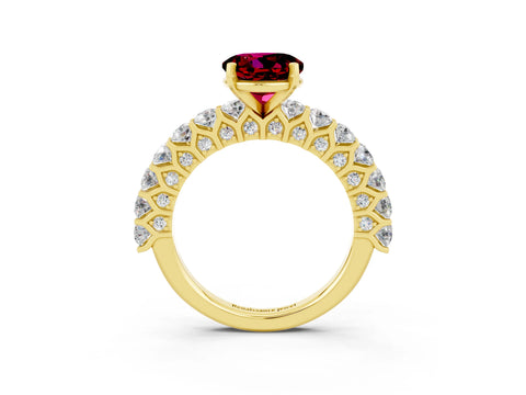 Yellow gold Round Cut Garnet Solitaire Ring with Shared Prong Pavé Band and Four-Prong Setting_3
