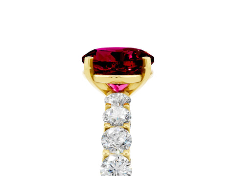 Yellow gold Round Cut Garnet Solitaire Ring with Shared Prong Pavé Band and Four-Prong Setting_5