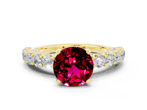 Yellow gold Round Cut Garnet Solitaire Ring with Shared Prong Pavé Band and Four-Prong Setting