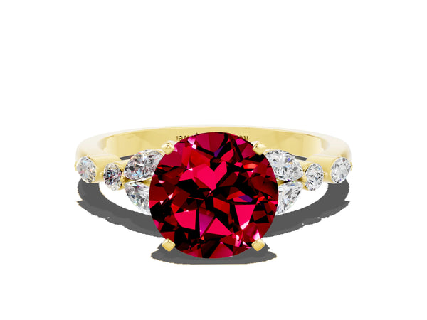 Yellow gold Round Cut Garnet Solitaire Ring with Side Stones and Four-Prong Setting