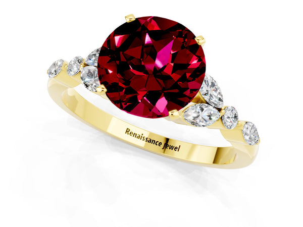 Yellow gold Round Cut Garnet Solitaire Ring with Side Stones and Four-Prong Setting