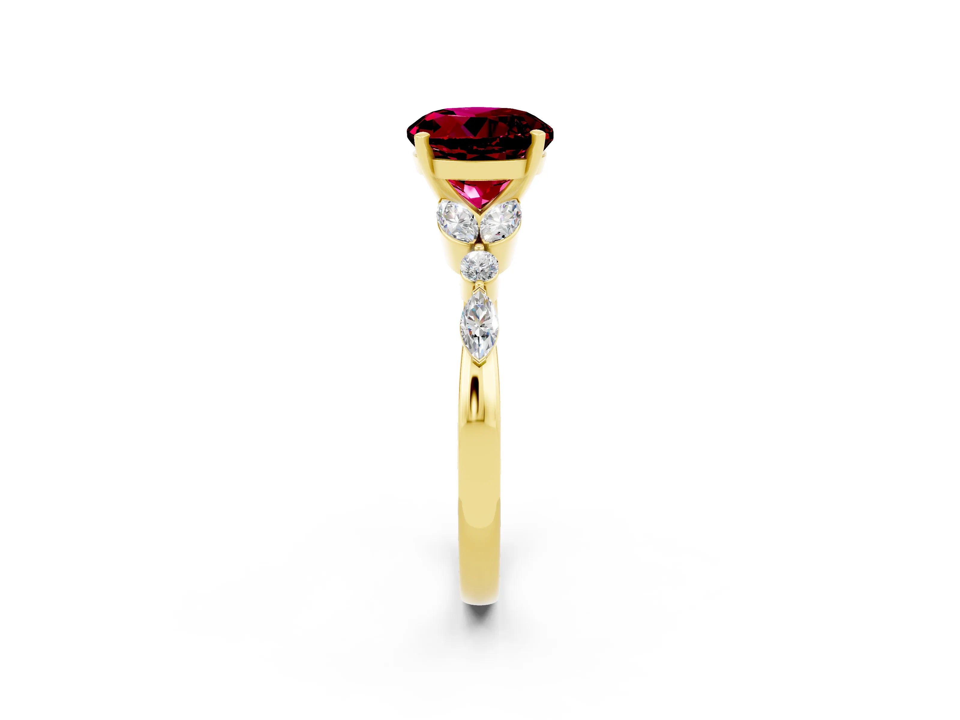 Yellow gold Round Cut Garnet Solitaire Ring with Side Stones and Four-Prong Setting_14