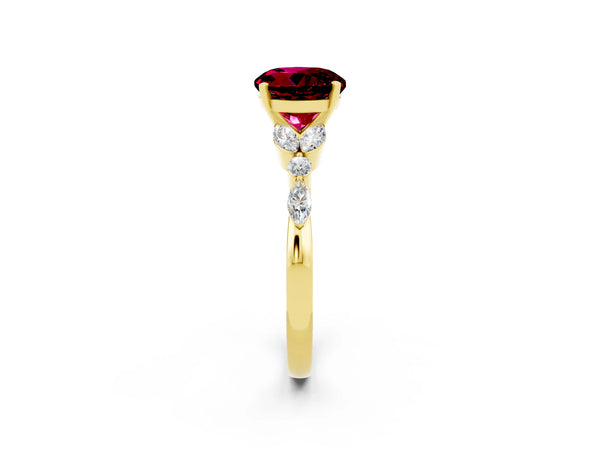 Yellow gold Round Cut Garnet Solitaire Ring with Side Stones and Four-Prong Setting