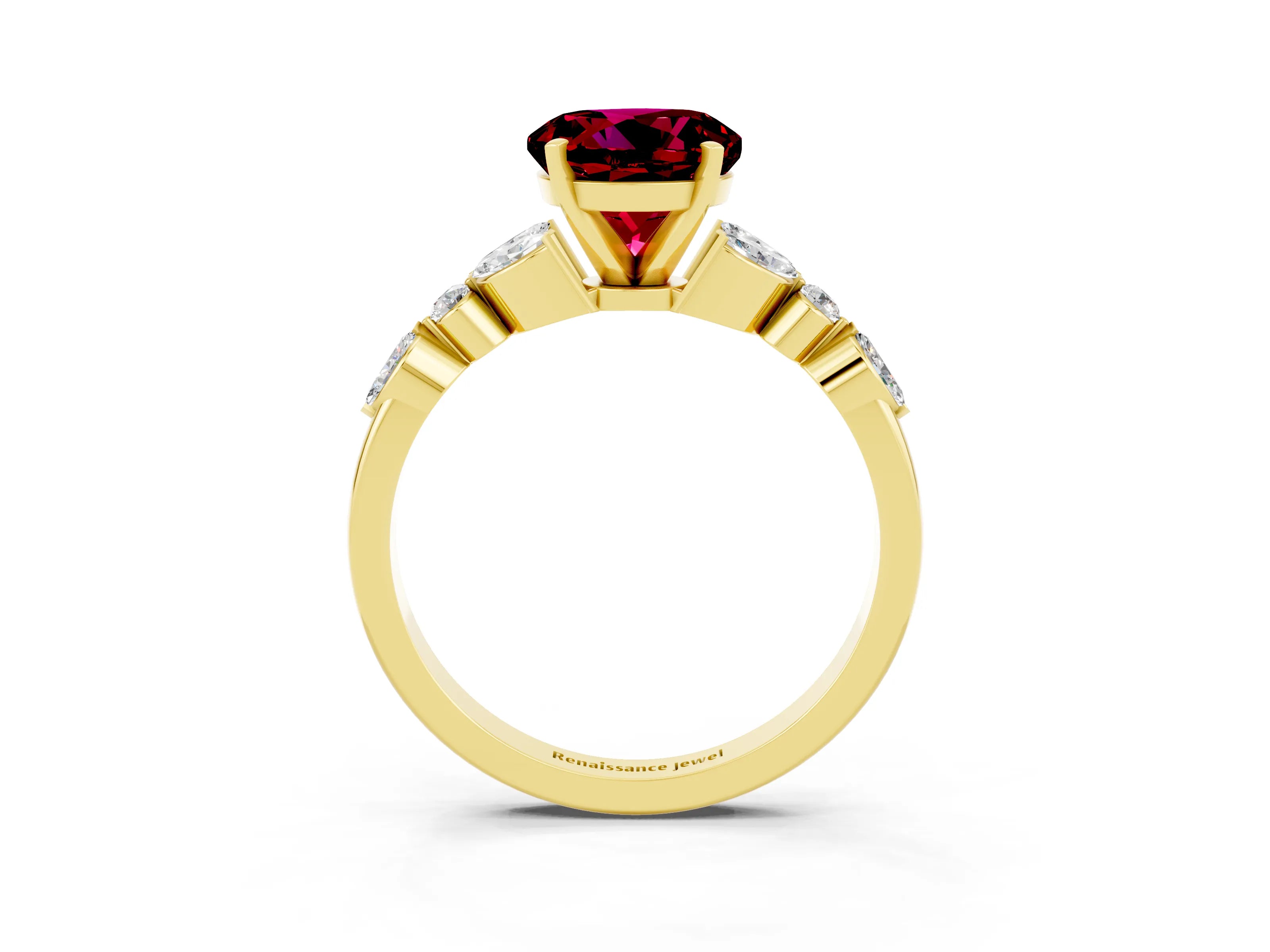 Yellow gold Round Cut Garnet Solitaire Ring with Side Stones and Four-Prong Setting_15