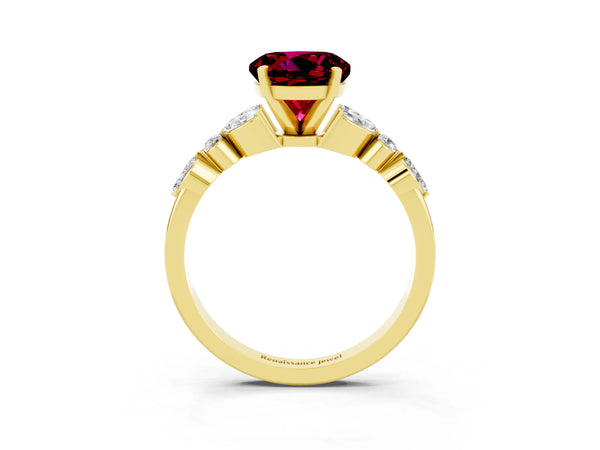 Yellow gold Round Cut Garnet Solitaire Ring with Side Stones and Four-Prong Setting
