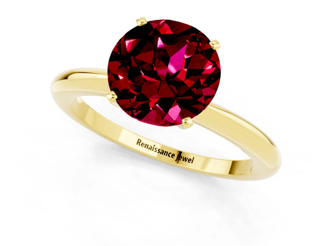 Yellow gold Round Cut Garnet Solitaire Ring with Six-Prong Setting and Classic Band_1