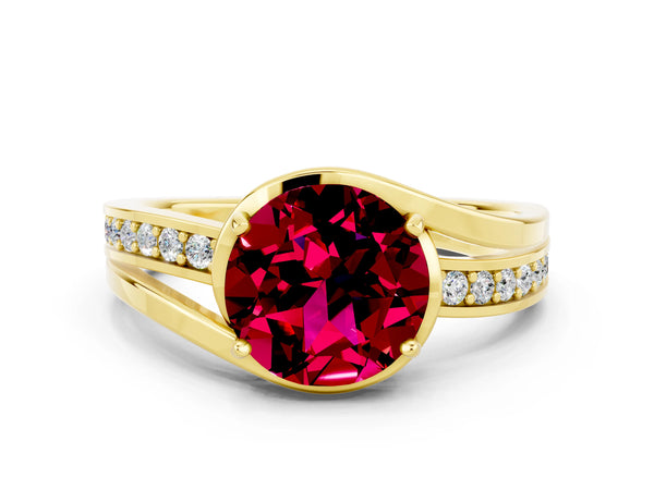 Yellow gold Round Cut Garnet Solitaire Ring with Split Shank and Prong Setting